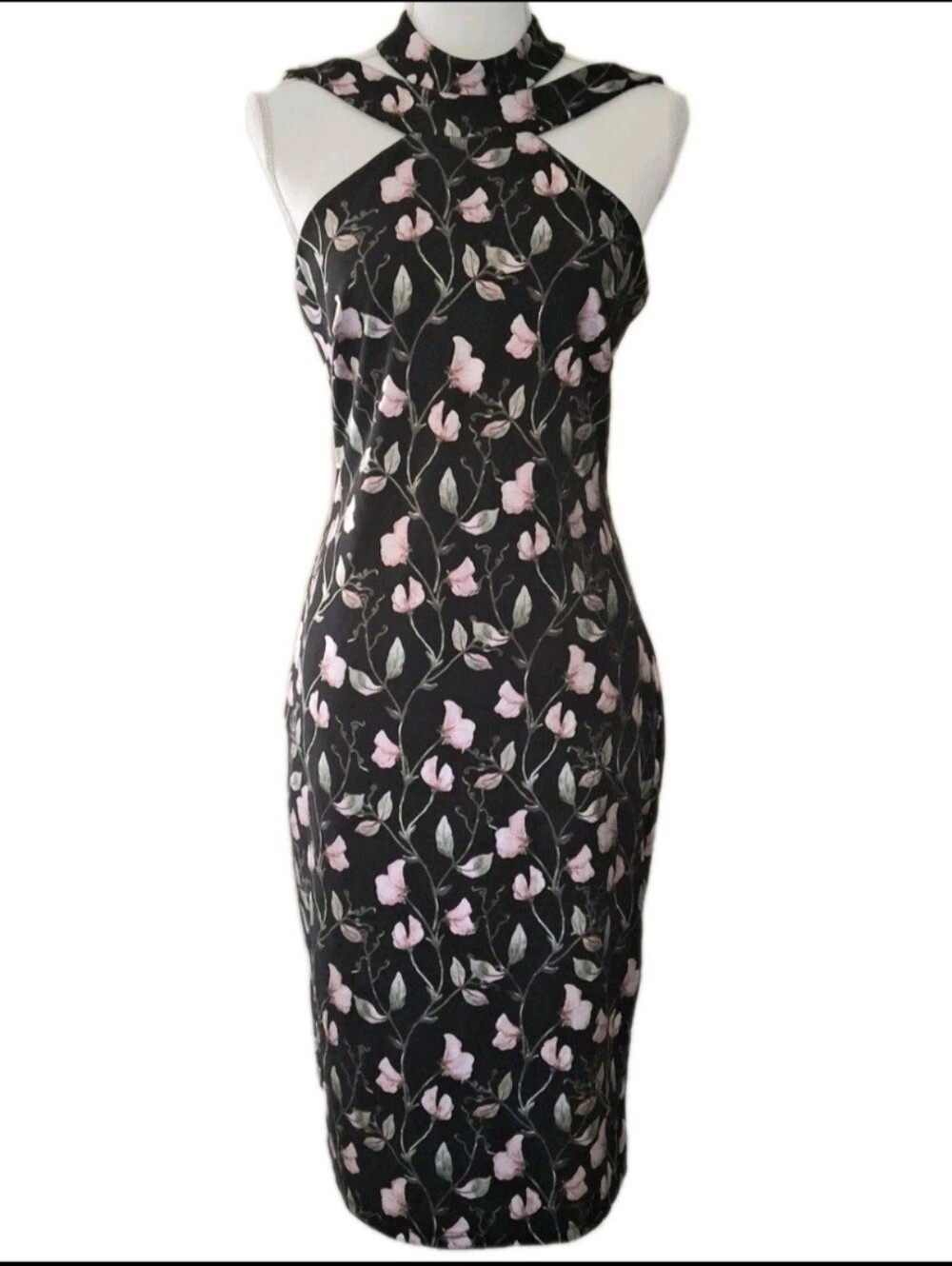 Bebe Black and Pink Floral Halter Dress